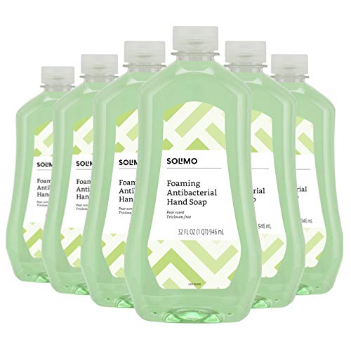 Book Cover Amazon Brand - Solimo Foaming Antibacterial Soap Refill, Pear Scent, Triclosan-Free, 32 Fluid Ounces (ONLY Fits Foaming Dispensers), Pack of 6