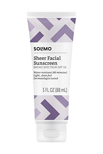 Book Cover Amazon Brand - Solimo Sheer Facial Sunscreen SPF 55, 3.0 Fluid Ounce (Pack of 3)