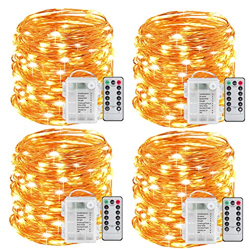 Book Cover Sanniu Fairy Lights, 4 Packs Fairy String Lights Battery Operated Waterproof Copper Wire Remote Control Led Fairy Lights 16.4 ft. Firefly Lights Christmas Lights 8 Modes (Warm White)