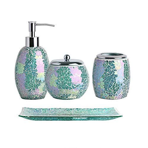Book Cover WHOLE HOUSEWARES 4-Pieces Bathroom Accessory Set Bright-Colored Mosaic Glass Bath Ensemble-Lotion Dispenser/Toothbrush Holder/Cotton Jar/Vanity Tray (Green)