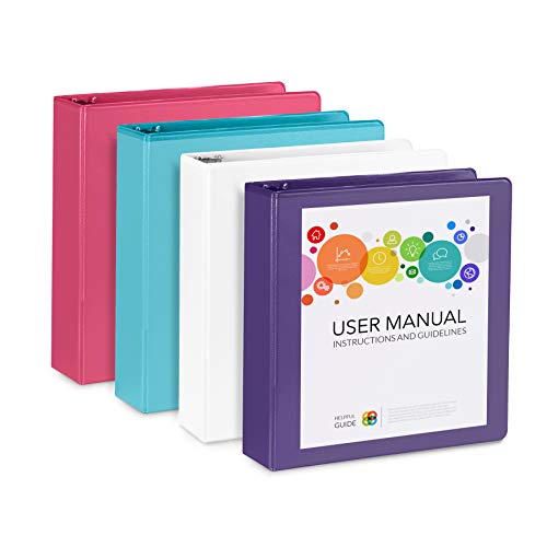 Book Cover 4 Pack 2 Inch 3 Ring Binders, Rugged Design for Home, Office, and School, Designed for of 8.5 Inch x 11 Inch Paper, Purple, White, Aqua Blue, Pink, 4 Binder Assorted Pack, Made in USA