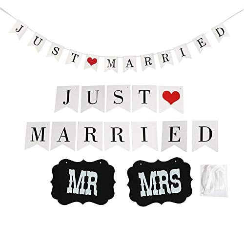 Book Cover JUST Married Wedding Banner Bunting Photo Booth Props Garland Bridal Shower Decoration with Mr and Mrs Chair Signs