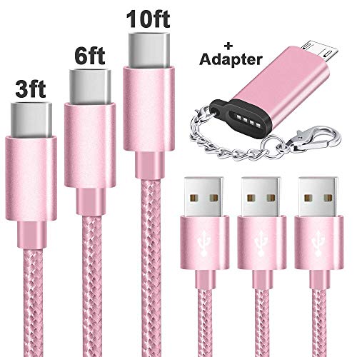 Book Cover USB Type C Cable Nylon Braided Fast Charger Sync Cord (USB 2.0) [3Pack 3ft 6ft 10ft] Compatible Samsung Galaxy S9 Note 8 S8 Plus, LG V30 V20, Google Pixel, Moto Z2, Switch, MacBook (Pink)