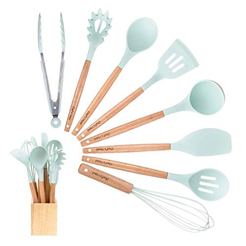 Book Cover Kitchen Utensil Set Silicone Cooking Utensils 9 Pcs with Holder- Cooking Utensils Set with Bamboo Wood Handles for Nonstick Cookware,BPA Free, Non Toxic Turner Tongs Spatula Spoon Set - Chef's Hand