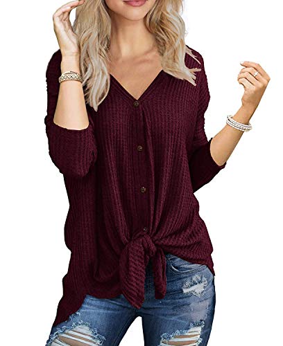 Book Cover PCEAIIH Waffle Knit Tunic Blouse, Women's Tie Knot Henley Tops Loose Fitting Bat Wing Plain Shirts