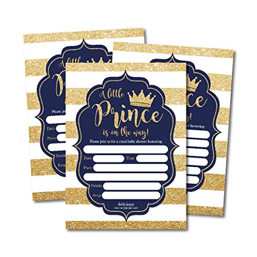 Book Cover 25 Little Prince Baby Shower Invitations, Navy & Gold Sprinkle Invite For Boy, Modern Gender Theme, Cute Printed Fill or Write In Blank Printable Card, Vintage Unique Coed Party Stock Paper Supplies