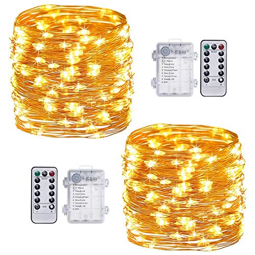 Book Cover TingMiao Fairy Lights 2 Pack 16.4ft 50 LED String Lights Battery Operated with Remote Waterproof Copper Wire Lights for Indoor Decorative Lights (Warm White)