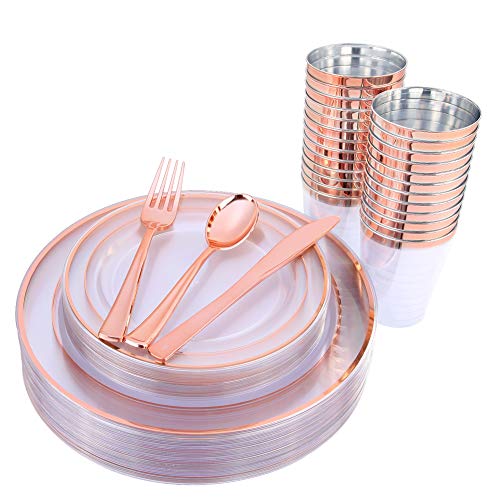 Book Cover I00000 25Guest Rose Gold Plates with Disposable Silverware, Disposable Dinnerware Includes 25 Dinner Plates 10.25