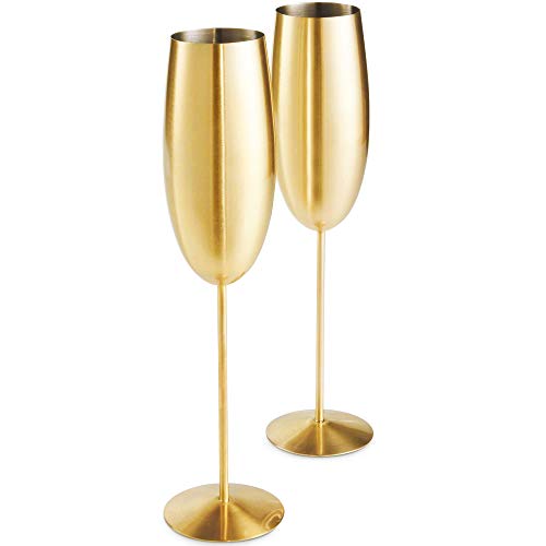 Book Cover VonShef Champagne Flutes, Set of 2 Brushed Gold Prosecco Glasses w/Gift Box, Stainless Steel Shatterproof Champagne Coupes for Indoor & Outdoor Use