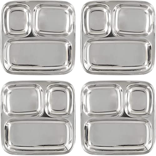 Book Cover Darware Stainless Steel Divided Plates/Compartment Trays (4-Pack); 9.8 x 8.1 Inches Oblong 3-Section Mini Trays, Great Size for Kids, Portion Control, Camping