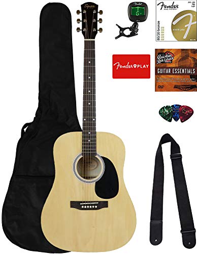 Book Cover Fender Squier Dreadnought Acoustic Guitar - Natural Bundle with Fender Play Online Lessons, Gig Bag, Tuner, Strings, Strap, Picks, and Austin Bazaar Instructional DVD