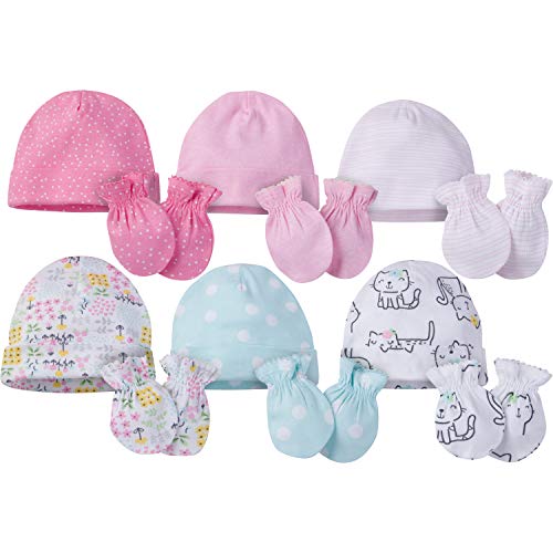 Book Cover Onesies Brand Baby Girls' 12-Piece Cap and Mitten Set, Cats, 0-6 Months