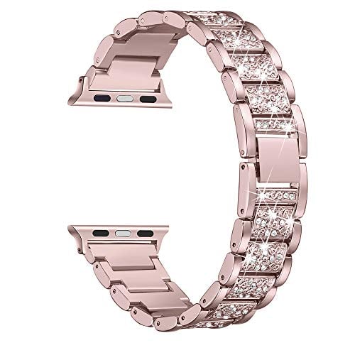 Book Cover Secbolt Bling Bands Compatible with Apple Watch Band 38mm 40mm iWatch SE Series 6/5/4/3/2/1, Dressy Jewelry Metal Bracelet Adjustable Wristband, Rose Gold
