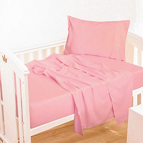 Book Cover NTBAY 3-Piece Microfiber Toddler Sheet Set, Solid Crib Fitted Sheet Flat Sheet and Envelope Pillowcase, Baby Bedding Sheet & Pillowcase Sets, Pink