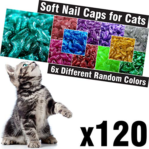 Book Cover zetpo 120 pcs Glitter Soft Cat Claw Caps for Cats Nail Claws 6X Different Random Colors + 6X Adhesive Glue + 6X Applicator, Pet Cap Tips Cover Paws Grooming Soft Covers (M)