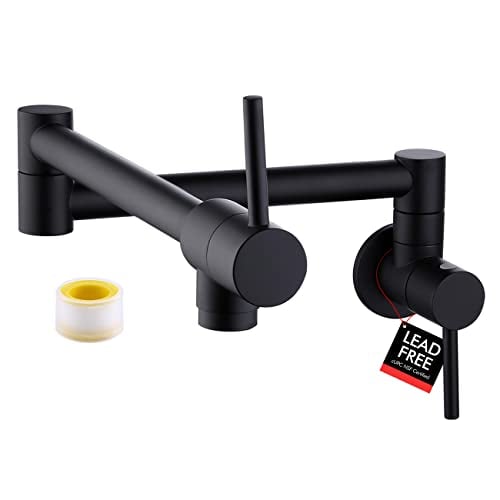Book Cover KES Pot Filler Folding Kitchen Faucet Brass Double Joint Swing Arm Sink Faucet Articulating Wall Mount Two Handle Single Hole, Matte Black, cUPC NSF Certified Lead-Free, KN926LF-BK