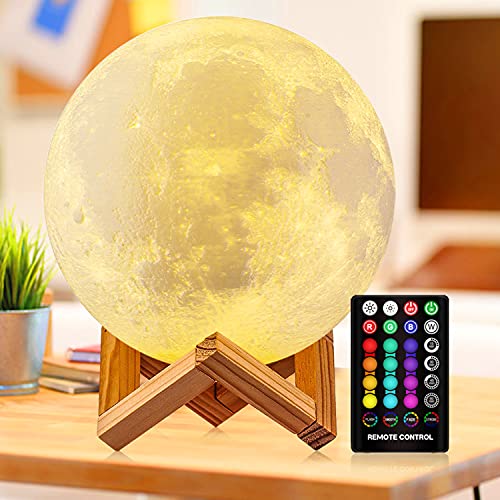 Book Cover DTOETKD Moon Lamp, 16 Colors 3D Printed Moon Lights Kids Night Light with Stand, Time Setting, Remote & Touch Control, USB Rechargeable, Birthday Gifts for Boys Girls Friends Lover