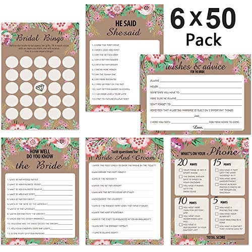 Book Cover 300 Sheet Floral Bridal Shower Games Bingo Games Cards, POAO Wedding Game Cards Pack and Party Supplies, Set of 6 Games / 50 Sheets Each Game(5 x 7Inches)