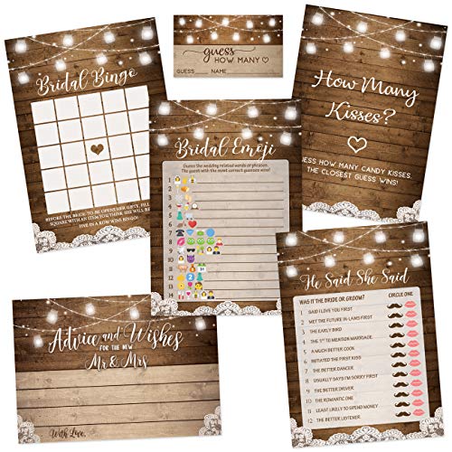 Book Cover Printed Party Rustic Bridal Shower Kit, 5 Games and Activities, 250 Cards