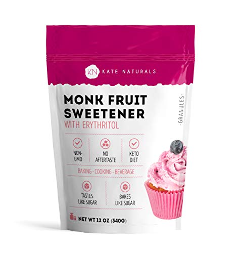 Book Cover Monk Fruit Sweetener with Erythritol Blend (12oz) by Kate Naturals. 1:1 Natural Sugar Replacement. Non-GMO, Gluten Free, Zero Calorie, Low Carb & Keto Friendly. No Aftertaste. 1-Year Guarantee.