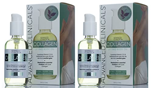 Book Cover Advanced Clinicals Collagen Body Oil Skin Care Moisturizer W/ Vitamin E & C - Skin Tightening, Firming, & Hydrating Massage Collagen Oil Reduces Wrinkles & Stretch Marks, Large 3.8 Fl Oz (Pack of 2)