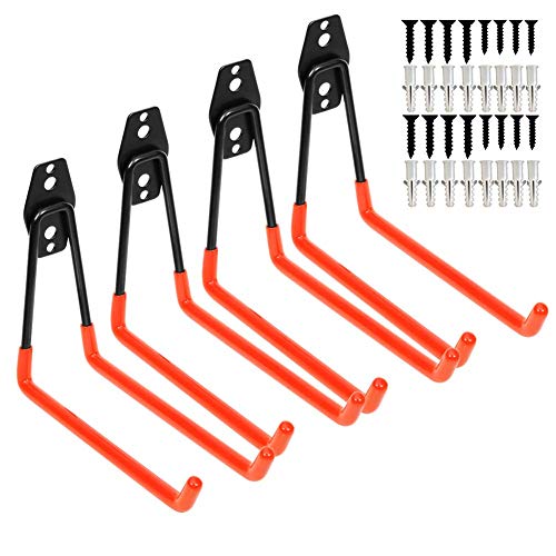 Book Cover Heavy Duty Garage Storage Utility Double Hooks,Extended Wall Mount Tool Holder Organizer for Ladders,Bike,Chair (4 Pack Orange 7.5