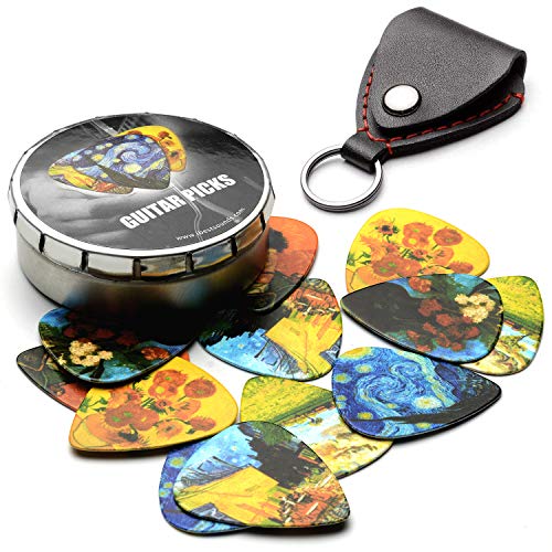 Book Cover Van Gogh 12 Pack Guitar Picks with 100% Leather Picks Holder - Celluloid Medium Plectrums Unique Gifts For Guitarist