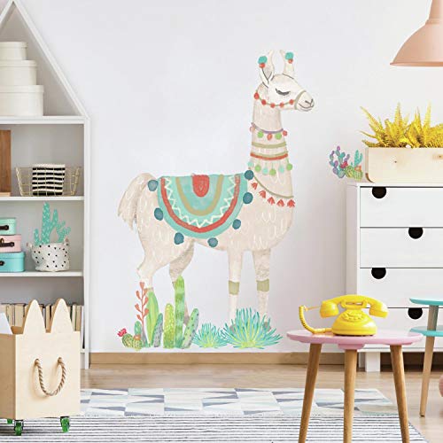 Book Cover RoomMates Watercolor Llama Peel and Stick Giant Wall Decals, Tan, Green, Blue, 1 Sheet 36.5 Inches X 17.25 Inches / 1 Sheet at 9 Inches X 36.5 Inches - RMK3839GM