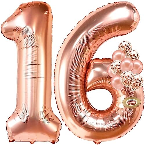 Book Cover KatchOn, Sweet 16 Balloons Rose Gold - 40 Inch | Sweet 16 Birthday Decorations | Rose Gold 16 Balloon Numbers with Confetti Balloons | Sweet Sixteen Balloons | 16th Birthday Decorations for Girls