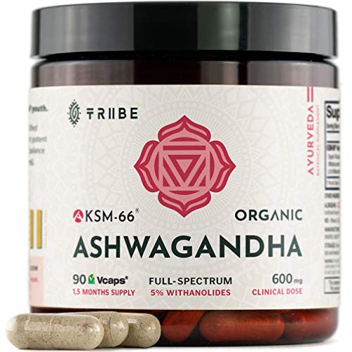 Book Cover Tribe Organics, 600mg KSM-66 Ashwagandha Root Extract Powder Ayurvedic Herb for Mood Support, Increase Energy, Strength - Organic, Natural, Gluten Free, Non GMO, Full-Spectrum - 90 Capsules