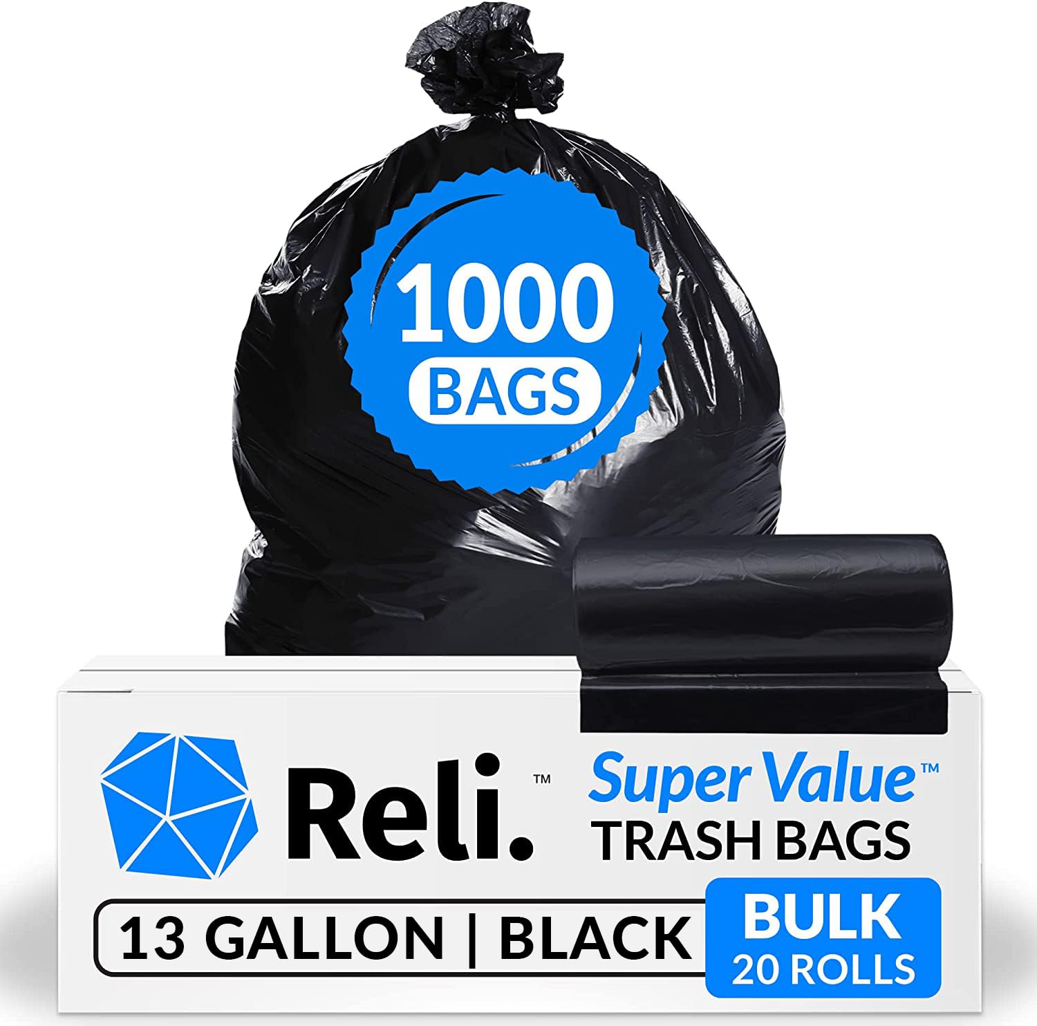 Book Cover Reli. 13 Gallon Trash Bags, Black (1000 Count Bulk) - Tall Kitchen Garbage Bags 13 Gallon - 16 Gallon, Bulk Trash Can Liners
