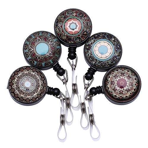 Book Cover ID Badge Holder Retractable, ID Badge Reels with Belt Clip by Purida, Retractable Badge Holder, Nurse Badge Reel, 5 Assorted Patterns Decorative, 5 Pack, Mandala