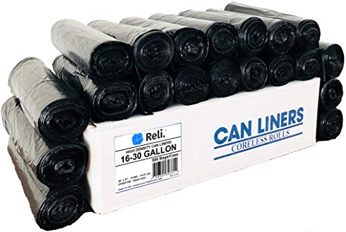 Book Cover Reli. Trash Bags, 16-30 Gallon (500 Count Wholesale) - High Density Rolls (Black) - Can Liners, Garbage Bags with 16 Gallon (16 Gal) to 30 Gallon (30 Gal) Capacity
