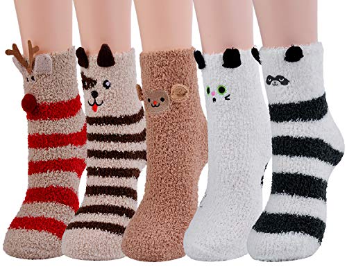 Book Cover Christmas Fluffy Fuzzy Socks Women, Aniwon 5-Pair Xmas Fuzzy Cozy Slipper Socks Winter Warm Thick Home Socks For Women Girls