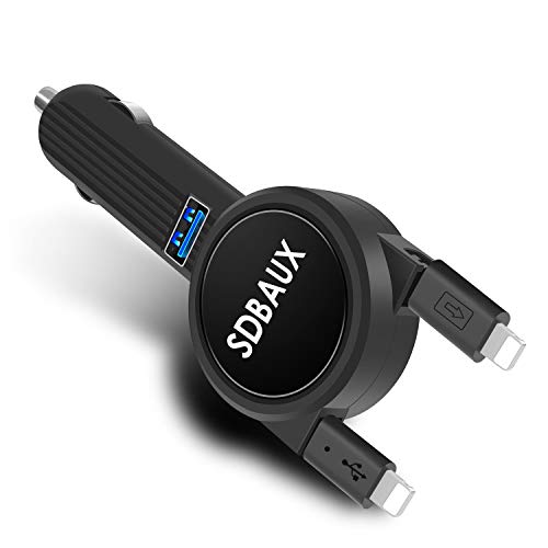 Book Cover SDBAUX Car Charger,Quick Charge 3.1A/15W with 2.3ft Dual Retractable Cable,Compatible/Replacement for iPad iPod Phone 11 XS Max XR X 8 7 6 Plus 5s and 1 USB Port (Gray)