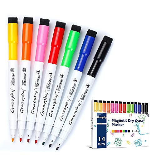 Book Cover Magnetic Dry Erase Markers - 14 Pcs 7 Color Whiteboard Markers with Eraser Cap, Low Odor Dry Erase Markers for Glass/Whiteboard/Porcelain/Plastic/School/Office