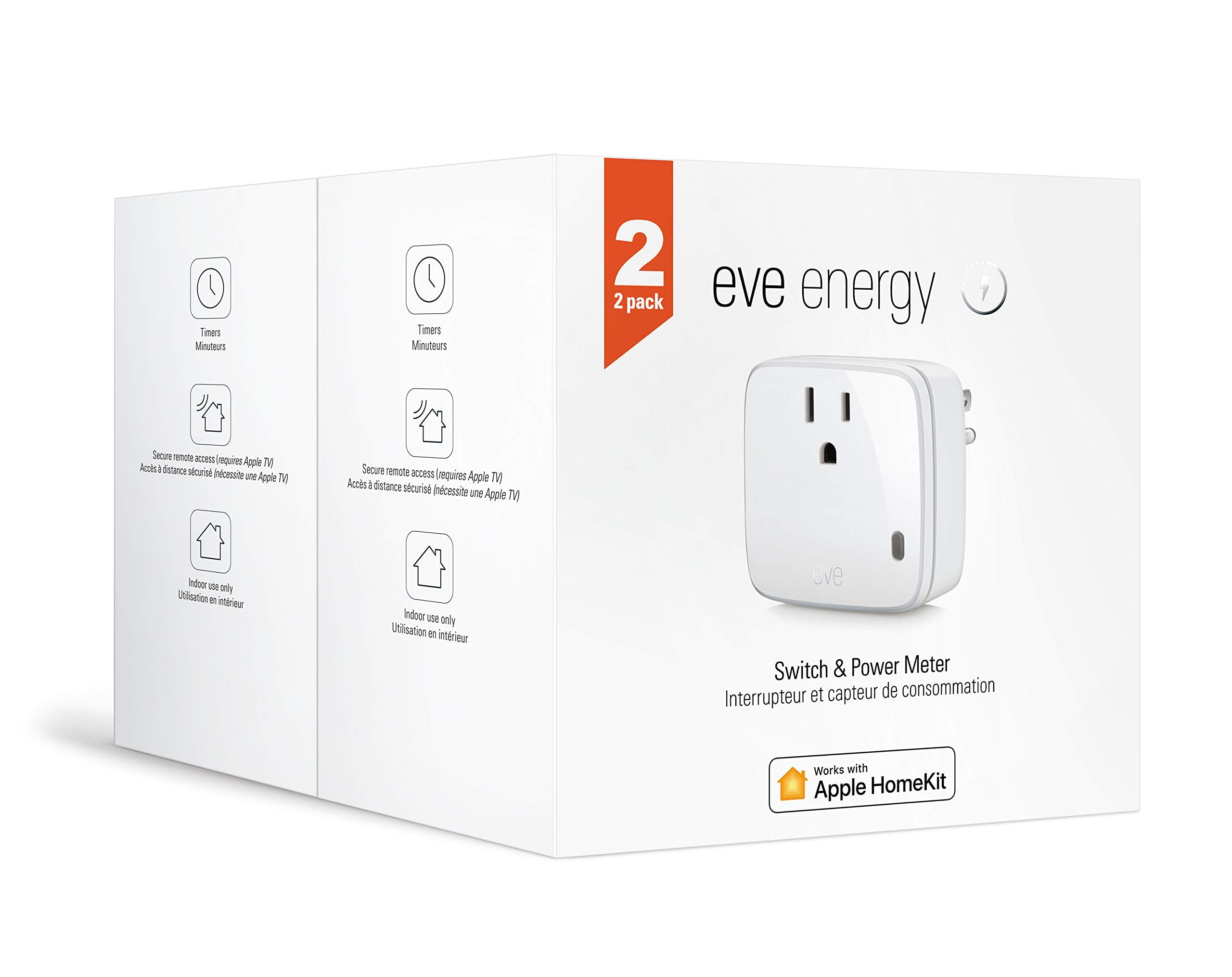 Book Cover Eve 10EAG4101-2X Energy - Apple HomeKit Smart Home Plug & Power Meter With Built-In Scedules & Switches, Voice Control, 2 Pack, White, 2 Count