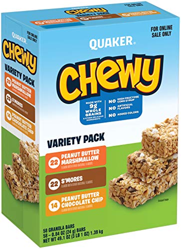 Book Cover Quaker Chewy Granola Bars, 3 Flavor Lovers Variety Pack, Marshmallow, 0.84 Ounce (Pack of 58)