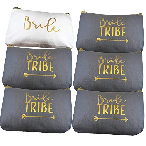 Book Cover 6 Piece Set | Bride Tribe Canvas Cosmetic Makeup Clutch Gifts Bag for Bridesmaid Proposal Box & Bridesmaids Bachelorette Party Favors (Grey)