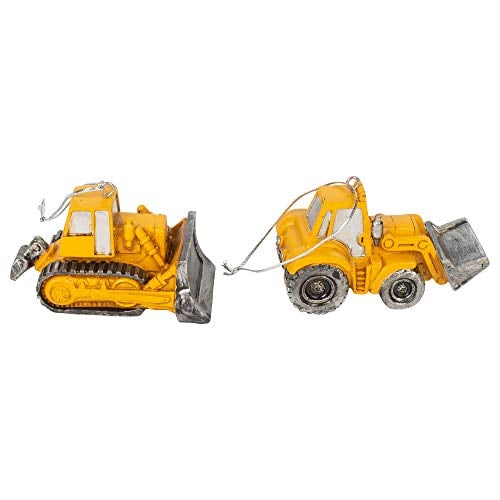 Book Cover Midwest Construction Vehicles Bulldozer and Front-End Loader 4 Inch Yellow Resin Stone Christmas Ornaments Set of 2