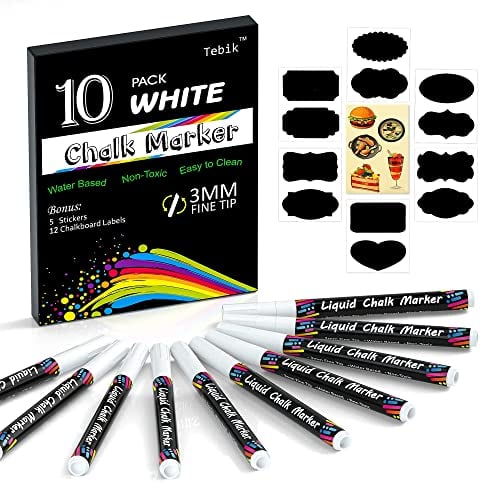 Book Cover Tebik White Liquid Chalk Markers Set, Pack of 10 White Chalkboard Paint Pens with 12 Chalkboard Labels, 5 Stickers, Perfect for Chalkboards, Bistro Boards, Glass and Metal