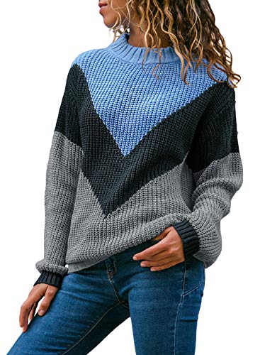 Book Cover LOSRLY Women Round Neck Color Block Long Sleeve Knitted Sweater Tops Pullover Jumper