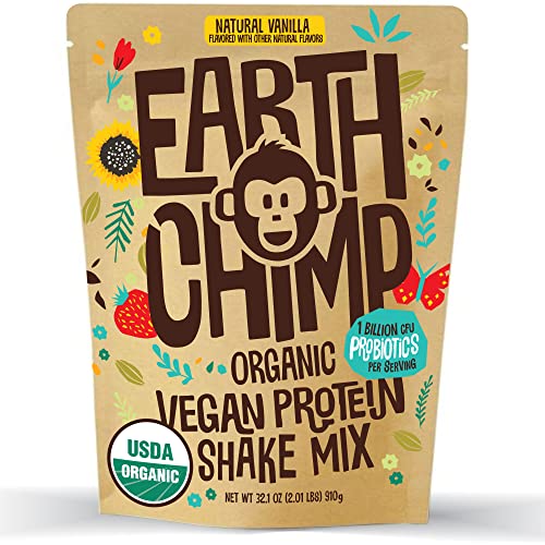 Book Cover EarthChimp Organic Vegan Protein Powder - 26 Servings, 32 Oz - with Probiotics & Digestive Enzymes - Plant Based, Dairy Free, Non GMO, Gluten Free, Gum Free (Vanilla)