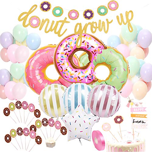 Book Cover foci cozi,58PCS Donut Birthday Party Set Decorations Kit-Donut Grow Up Banner Mylar Foil,Latex Balloons Cupcake,Cake DIY Toppers for Donut Birthday Party Decorations.