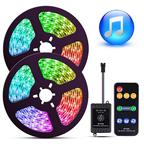 Book Cover LED Strip Lights with Music Sync-Chase Effect, Dream Color Music lights 32.8ft, 5050SMD RGB Rope Lights with RF Remote, 12V Power Supply, 300LEDs Splash Proof Flexible String Lights for Indoor Bedroom