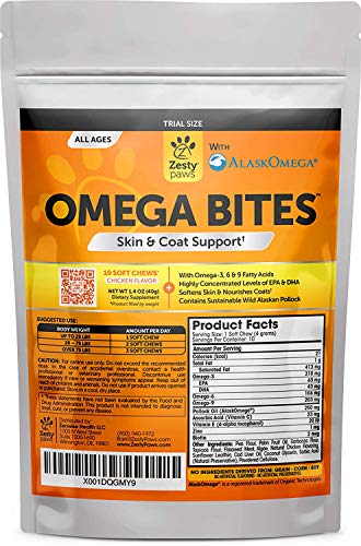 Book Cover Omega 3 Dog Treats - with Alaskan Fish Oil & Vitamins for Dogs - Grain Free Soft Chews with Omegas for Itchy Skin & Shedding Coat - Supports Hips & Joints + Immune System for Canine Pets - 10 Count