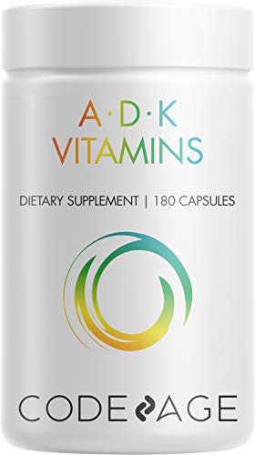 Book Cover Codeage ADK Vitamin Supplement - 6 Months Supply - Daily Vitamins A D K Pills - Vitamin A, 5000 IU Vitamin D3, Vitamin K1 & K2 (MK7 and MK4) - Non-GMO Multivitamin - 180 Capsules