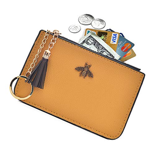 Book Cover AnnabelZ Coin Purse Change Wallet Pouch Leather Card Holder with Key Chain Tassel Zip(Yellow)