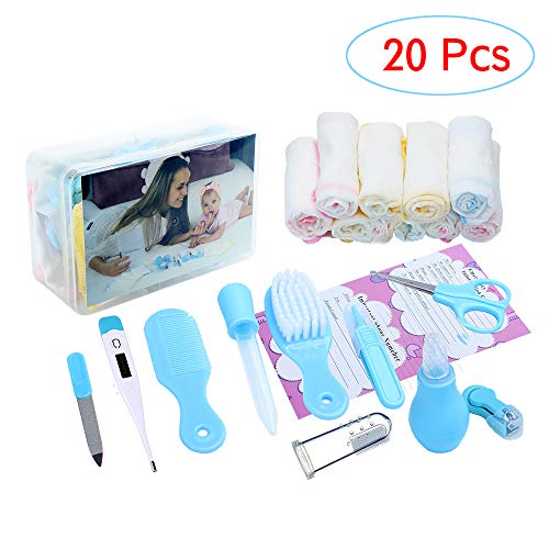 Book Cover Alpacasso 20 Piece Baby Grooming Kit Infant Nursery Set Newborn Healthcare Kits Child Care Baby Nail Clipper File Scissor Tweezer Thermometer Brush Comb Cleaning Sets(Blue)