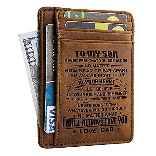 Book Cover Dad Son Wallet - Engraved Leather Front Pocket Wallet (A - Son, dad will always love you)